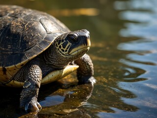 Fototapeta premium Freshwater turtle basking in sunlight.
