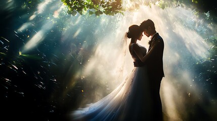 Silhouetted Wedding Couple Embracing In Sunlit Woods