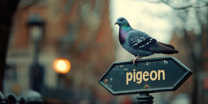 A vibrantly colored pigeon perches gracefully on a signpost, showcasing the natural beauty of urban wildlife in a serene cityscape background.