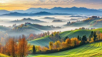 Serene Morning Landscape with Soft Mist and Autumn Colors