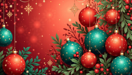 Naklejka premium Colorful Christmas ornaments and decorations with green foliage on a festive background, cheerful mood, copy space