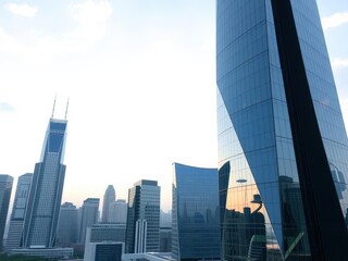 Naklejka premium Futuristic glass facade of a modern skyscraper in a city skyline with dynamic angles and lines, contemporary