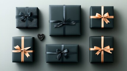 Obraz premium A collection of dark gift boxes with elegant ribbons, arranged on a light surface with a small black heart-shaped ornament, creating a sophisticated and stylish display.