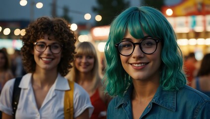 Obraz premium Friends wearing wigs and glasses at a carnival.