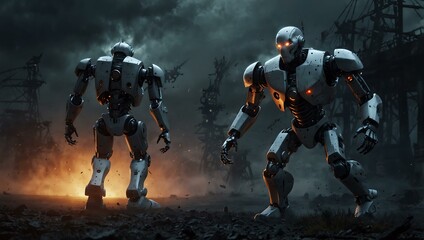 Fototapeta premium Frightened man running from a scary robot, AI threat concept.