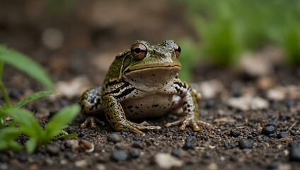 Fototapeta premium Frog sitting on the ground.