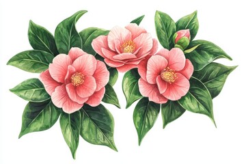 Pink camellia flowers with green leaves on a white isolated background.