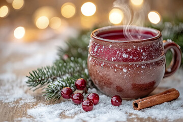 Festliche Tasse Glühwein auf einem holzgedekten Tisch, umgeben von Schnee, Zimt und Mistelzweig. Im Hintergrund leuchten Weihnachtslichter, die eine warme, gemütliche Atmosphäre schaffen