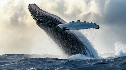 Fototapeta premium Witness the breathtaking sight of a humpback whale breaching dramatically out of the water showcasing its immense size and grace in its natural ocean habitat