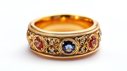 Elegant gold ring with colorful gemstones and intricate design.