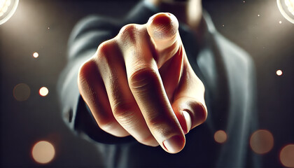 Right hand pointing forward gesture. Expressive shot of a man in suit blurred in the background with shimmering lights. High contrast picture