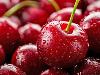 Ripe Juicy Fresh Organic Cherry with Glistening Wet Texture