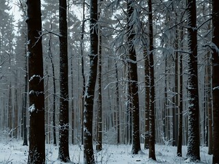 Fototapeta premium Frosty winter forest with tall, snowy trees.