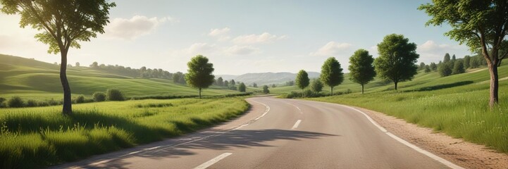 Fototapeta premium Idyllic green scenery of countryside with winding road, tranquil environment, sustainable living