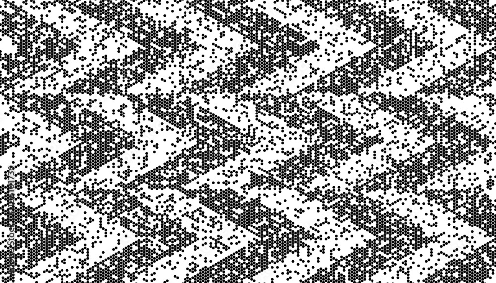 Poster Black and white abstract sharp arrows pattern with small particle effect. Vector Format Illustration 