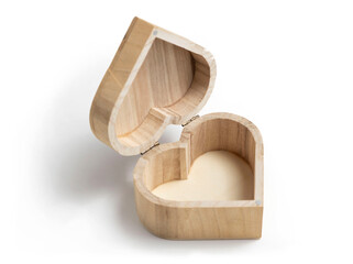 small rustic wooden box in the shape of a heart, open and isolated on a white background