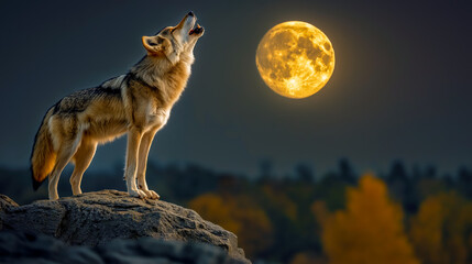 Fototapeta premium A beautiful scene of a wolf howling at a luminous full moon set against a backdrop of autumn colors Natures serenity captured in a moment of wilderness
