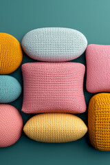 Colorful Multicolored Bright Pillows in Different Shapes and Textures, Cozy Composition, Banner for Text on Blue Pastel Background