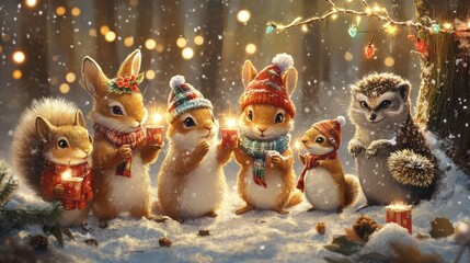 Obraz premium Cute woodland animals celebrate Christmas Eve with candles in snowy forest.