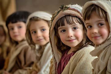Children reenacting the nativity story in a school play, with handmade costumes and joyful expressions. Perfect for Christmas cards, educational content, and family-focused campaigns