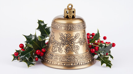 A golden bell with intricate engravings, decorated with a holly wreath around its base, Christmas decorations, on white background