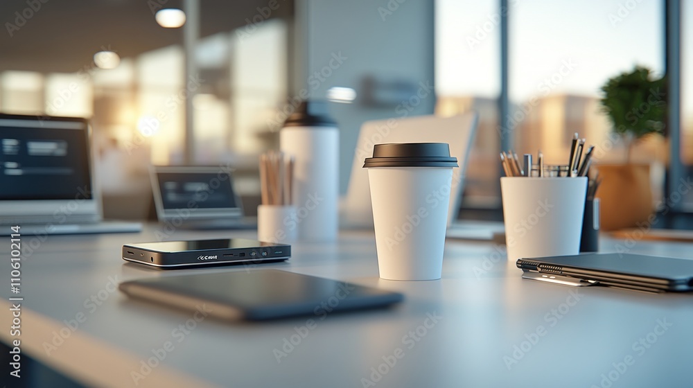 Aufkleber modern office workspace with tech devices and coffee