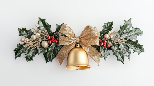A golden bell surrounded by cascading holly leaves and a sparkling gold bow, Christmas decorations, on white background