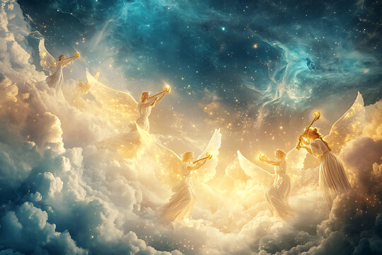 Celestial angels singing in the night sky, glowing with golden light. Perfect for religious content, Christmas decorations, and inspirational holiday designs