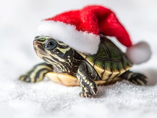 Obraz premium Tiny Turtle Wearing a Santa Claus Hat in a Snowy Icy Scene