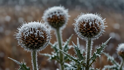 Frozen thistles with a winter background.