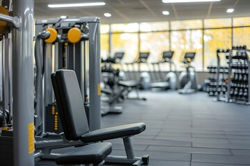 Modern gym interior with equipment, sunny ambiance