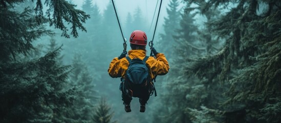 A person in a yellow jacket and red helmet ziplines through a misty forest.