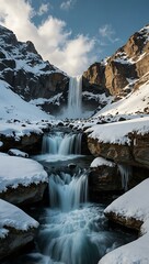 Fototapeta premium Frozen waterfall in a snowy mountain valley.