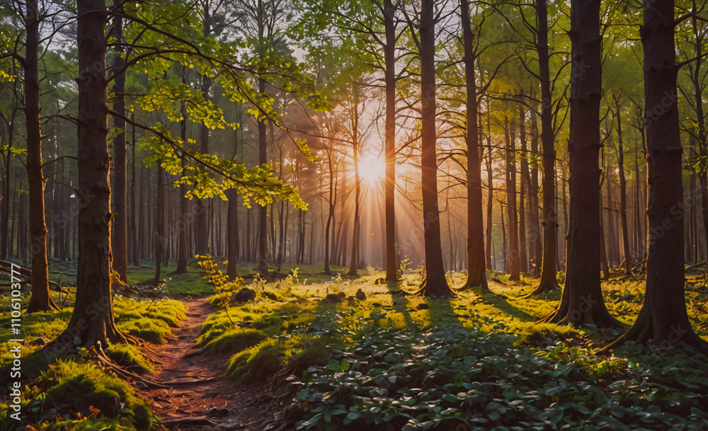 Poster Forest with a path and trees. The sun is shining through the trees. There are some shadows on the ground