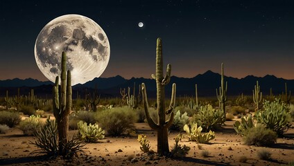 Full moon over a desert with cactus plants.