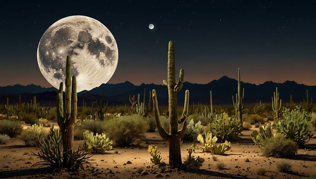 Full moon over a desert with cactus plants.