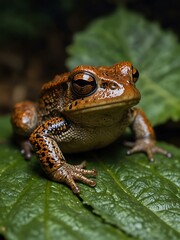 Full-body shot of a common toad resting on a leaf in its natural habitat.