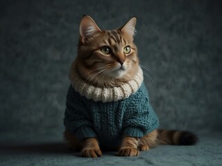 Full-body cat wearing a cozy sweater.