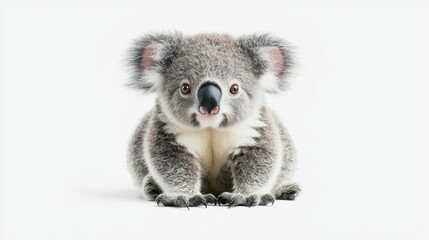 Adorable Baby Koala with Fluffy Gray Fur Sitting on a Branch Against a White Background
