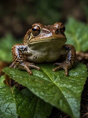 Obraz premium Full-body shot of a common toad resting on a leaf in its natural habitat.