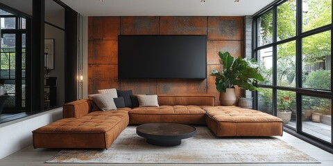 Modern Brown Leather Sectional Sofa in Industrial Style Living Room