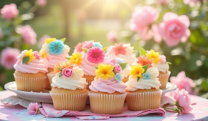Cupcakes with floral toppers on a garden table