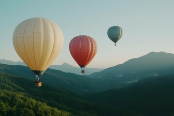 Naklejka premium Colorful hot air balloons flying over mountain