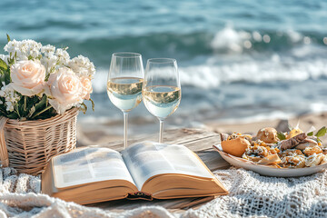 An open book on a wooden table beside two glasses of white wine and a plate of food, overlooking a serene sea. A picnic basket with pastel flowers adds a romantic touch. Perfect for lifestyle, travel