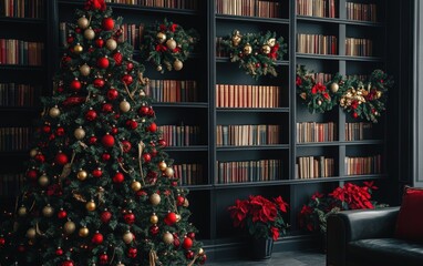 Library or Study Room A traditional Christmas tree with red and gold decorations, standing near a wall of bookshelves in a cozy modern library or study room