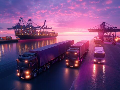 
A line of trucks are driving down a wet road at night. The trucks are all purple and the sky is purple as well
