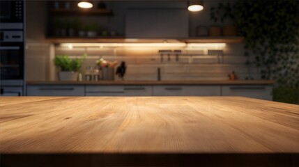 A kitchen interior, focusing on a wooden table or countertop in the foreground. The table has a natural wood finish with visible grain patterns. The ambiance is warm and inviting