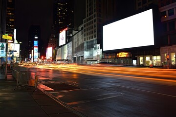 Empty billboard with a white screen on the edge of a busy city street at night with car lights and a vibrant city glow.