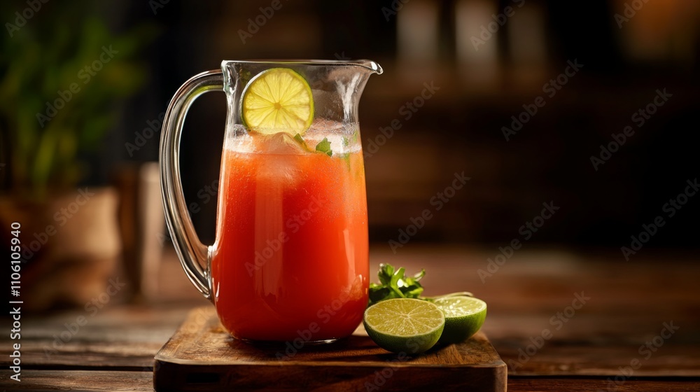 Poster a vibrant pitcher filled with refreshing juice sits on a wooden cutting board. the drink is garnishe