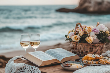 An open book on a wooden table beside two glasses of white wine and a plate of food, overlooking a serene sea. A picnic basket with pastel flowers adds a romantic touch. Perfect for lifestyle, travel